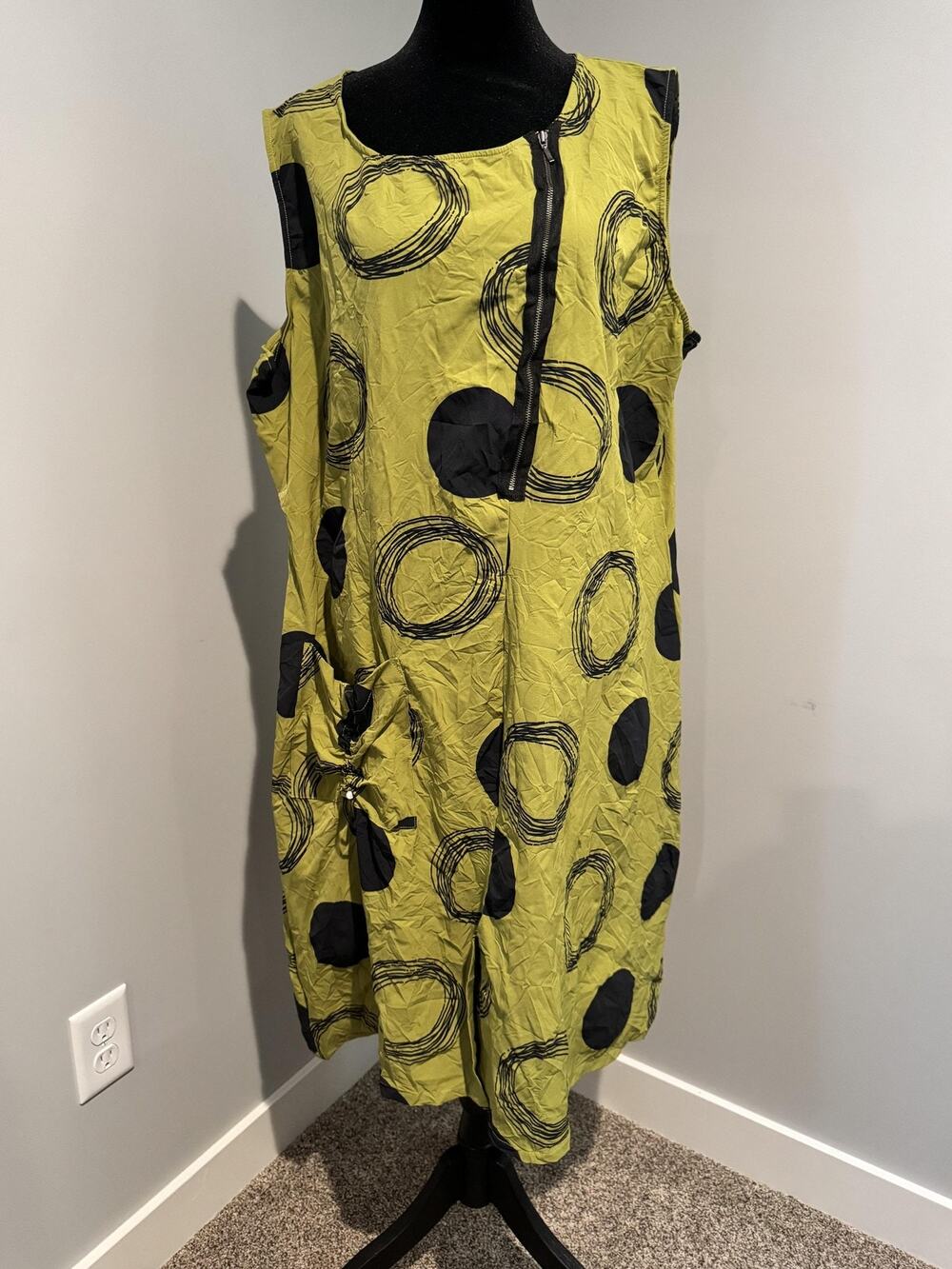 K.T. Et Ceci Tunic Tank Womens XL Green Polka Dot Zip Crinkle Lagenlook USA